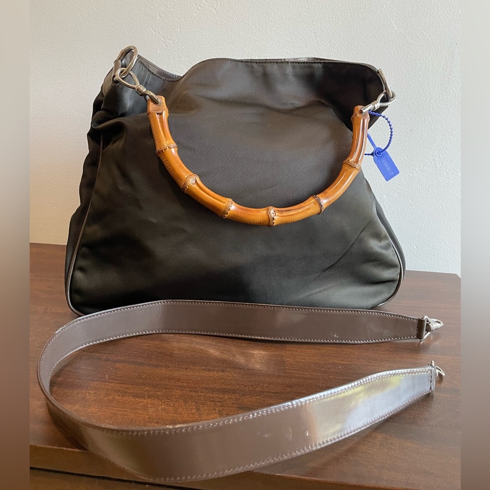 !!Great Condition!! GUCCI Bamboo Handle Olive Nylon Bag w/Strap